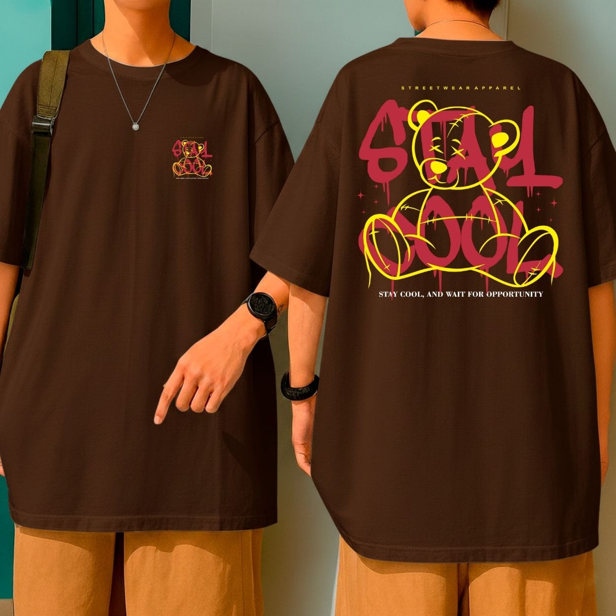 Camiseta Oversized Malha Grossa Gola Redonda Streetwear Stay Cool Bear Moda Urbana
