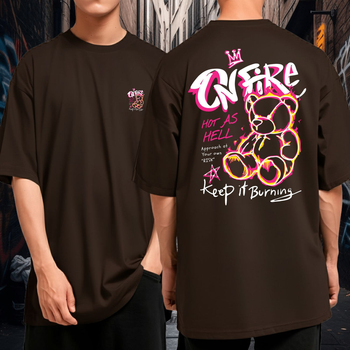Camiseta Oversized Malha Grossa Fio 30.1 Malha Grossa Ursinho On Fire Keep It Burning Gola Redonda