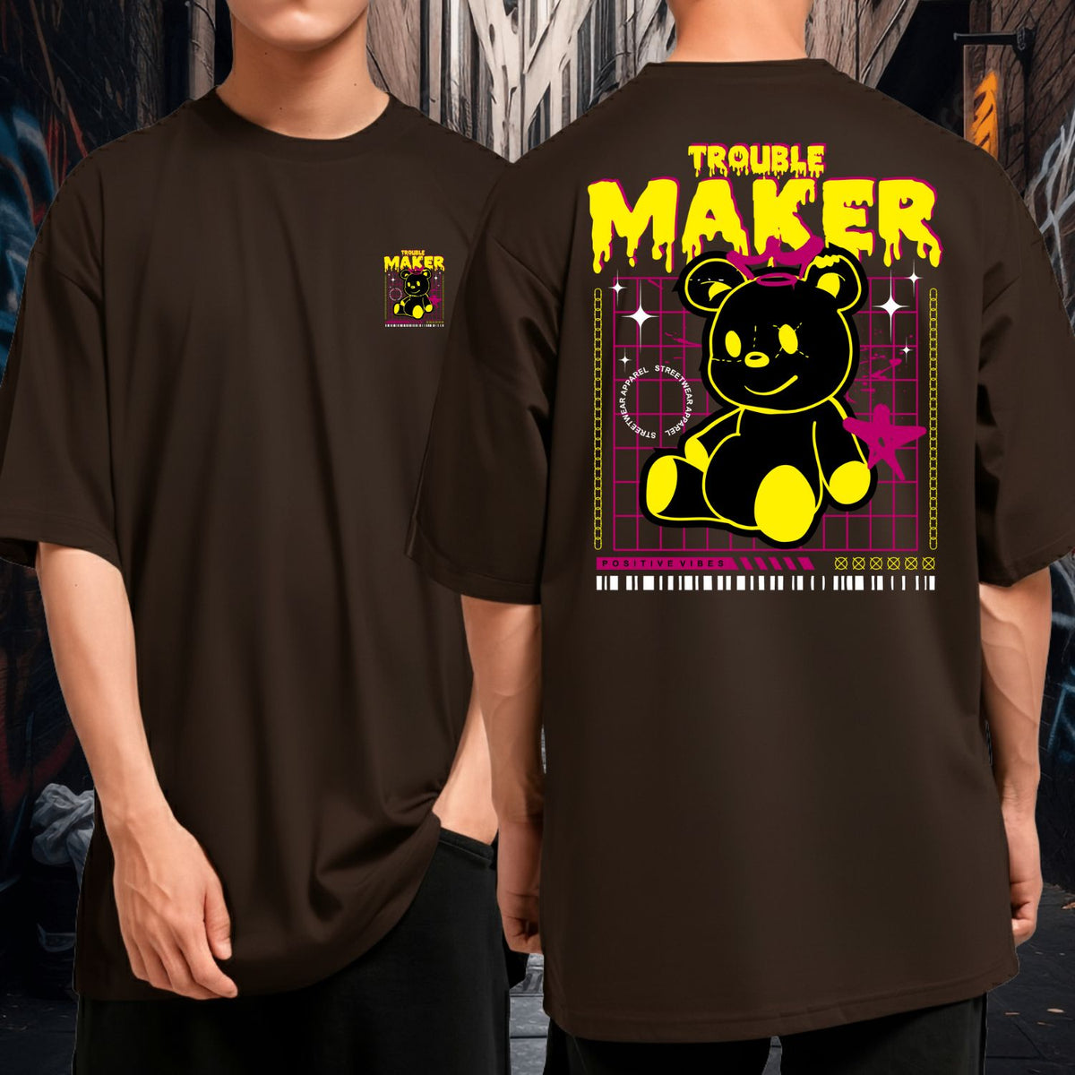 Camiseta Oversized 100% Algodão Fio 30.1 Estampa Ursinho Trouble Maker