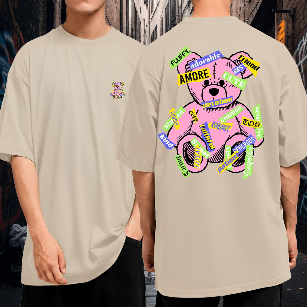 Camiseta Oversized Streetwear 100% Algodão Amore Urso Rosa Pop Preta