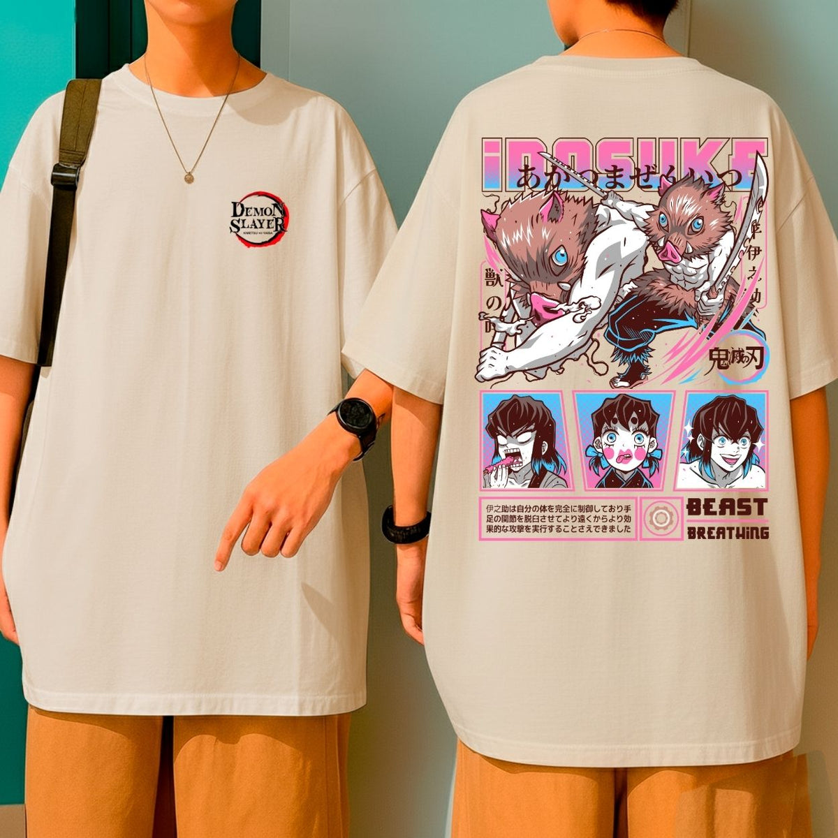 Camiseta Oversized Inosuke 100% Algodão Anime Demon Slayer Malha Premium