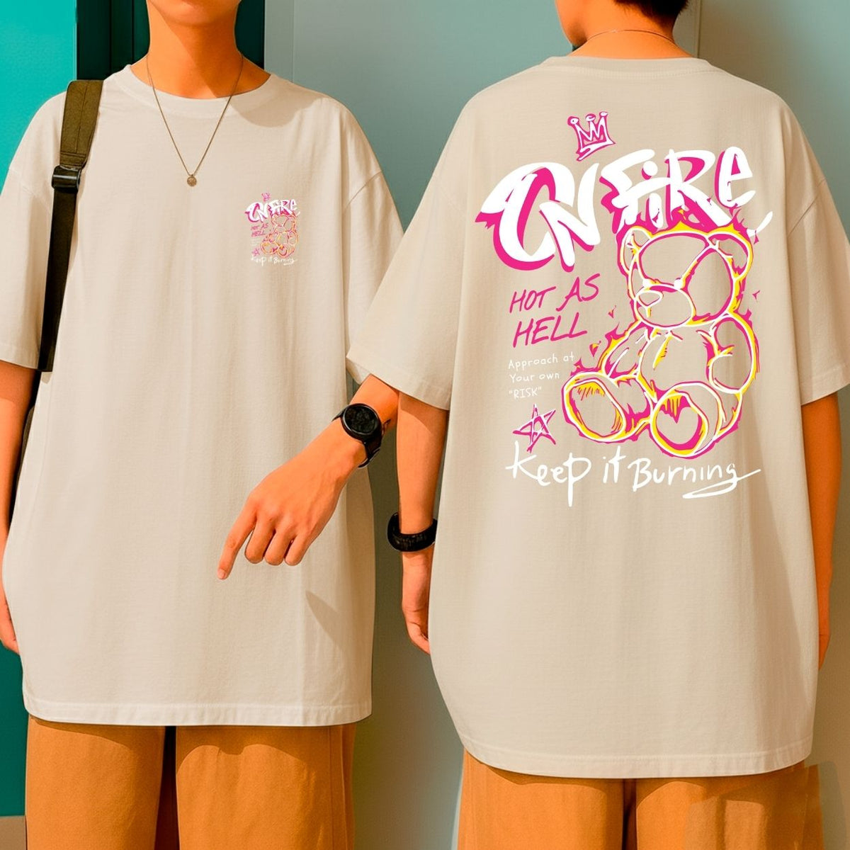 Camiseta Oversized Fio 30.1 Malha Grossa Ursinho Keep It Burning Blusão Largo Gola Redonda