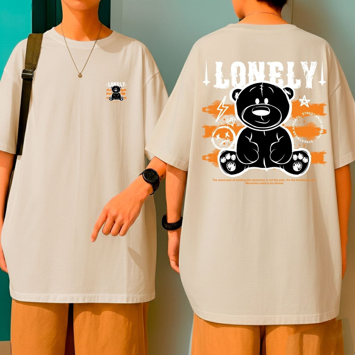 Camiseta Oversized Streetwear Estampa Urso Lonely Preto Laranja Qualidade Bom Caimento