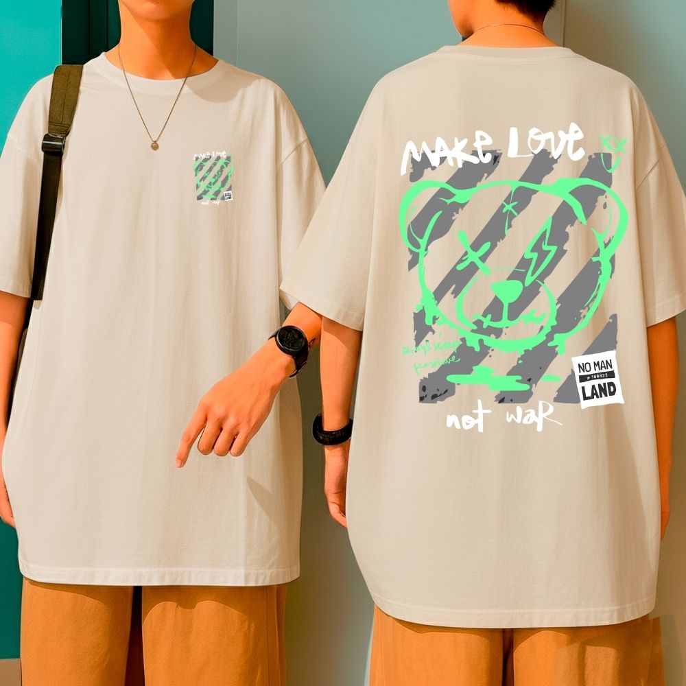 Camiseta Oversized Algodão Streetwear Feminina Urso Bear Make Love Not War