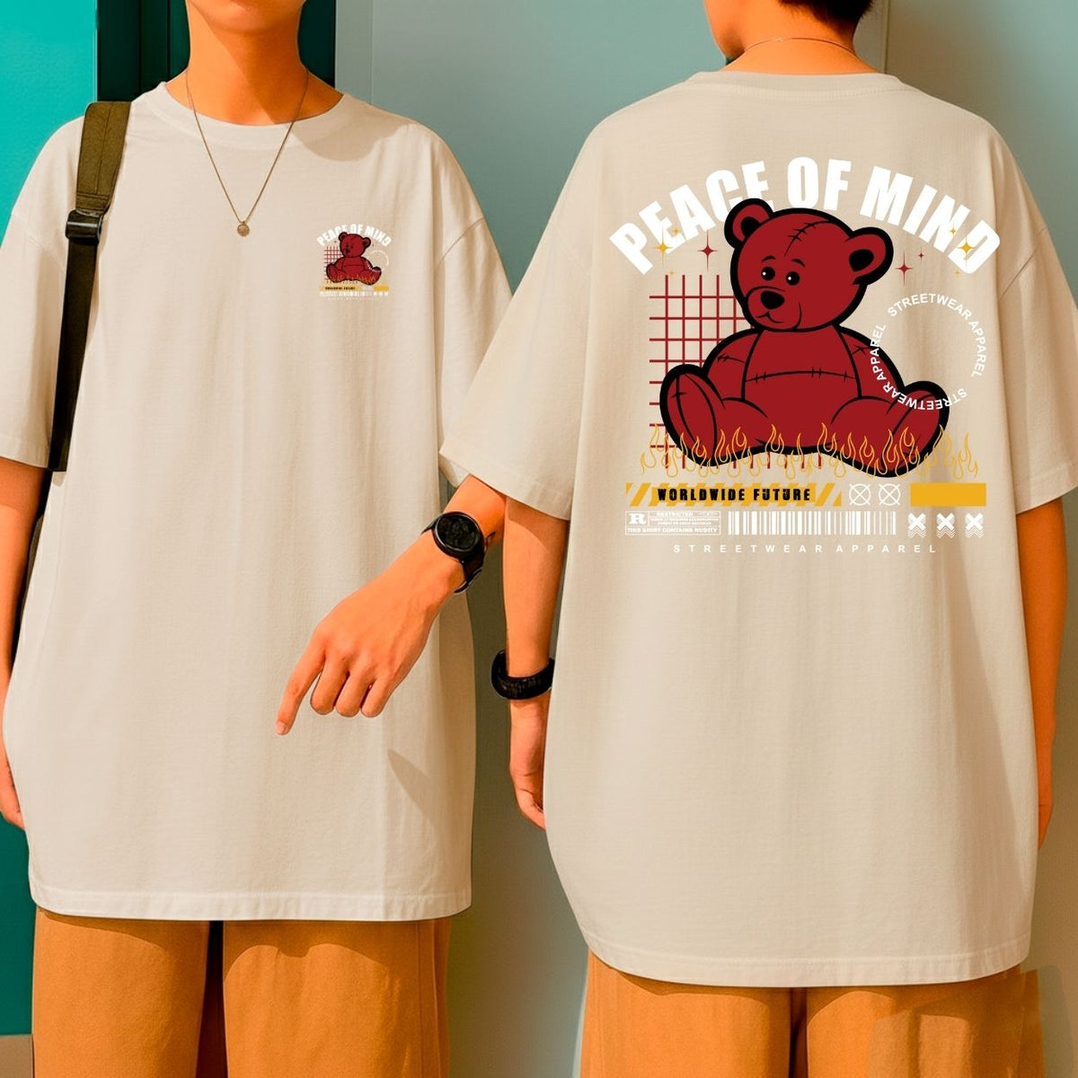Camiseta Oversized Streetwear Urso Vermelho Flames Peace of Mind