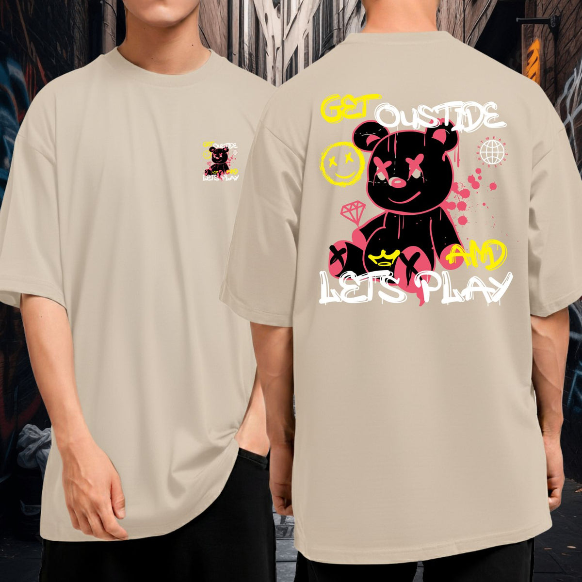 Camiseta Oversized Blusão Malha Grossa Premium Ursinho Get Outside And Lets Play