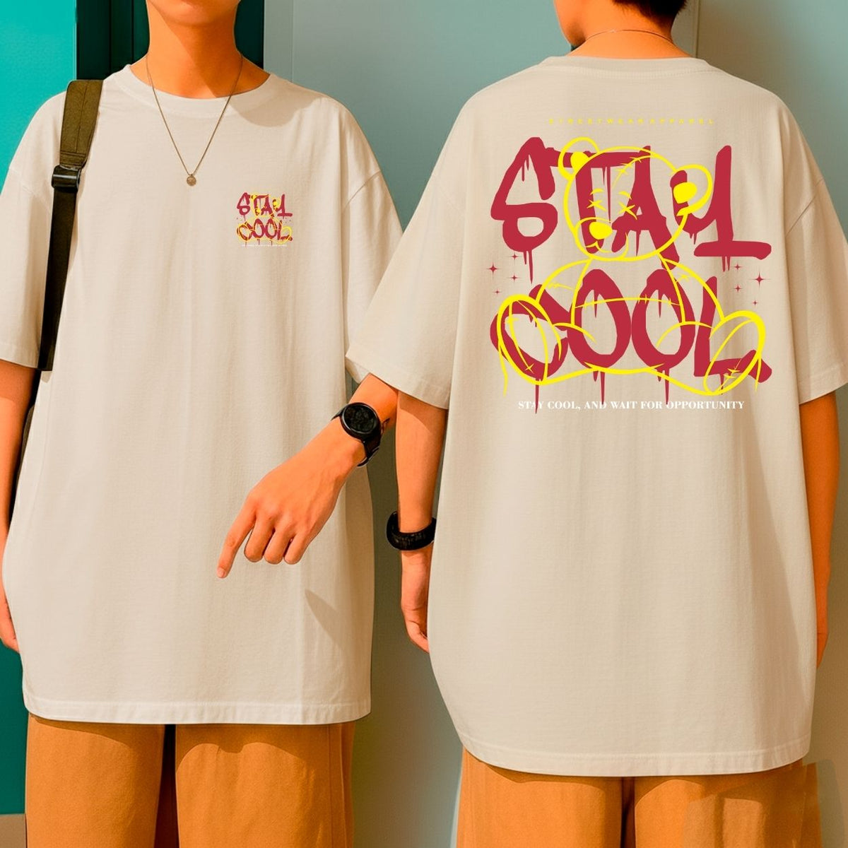 Camiseta Oversized Malha Grossa Gola Redonda Streetwear Stay Cool Bear Moda Urbana