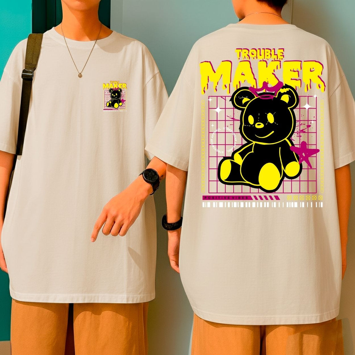 Camiseta Oversized Ursinho Trouble Maker Blusão Malha Grossa Fio 30.1 Qualidade