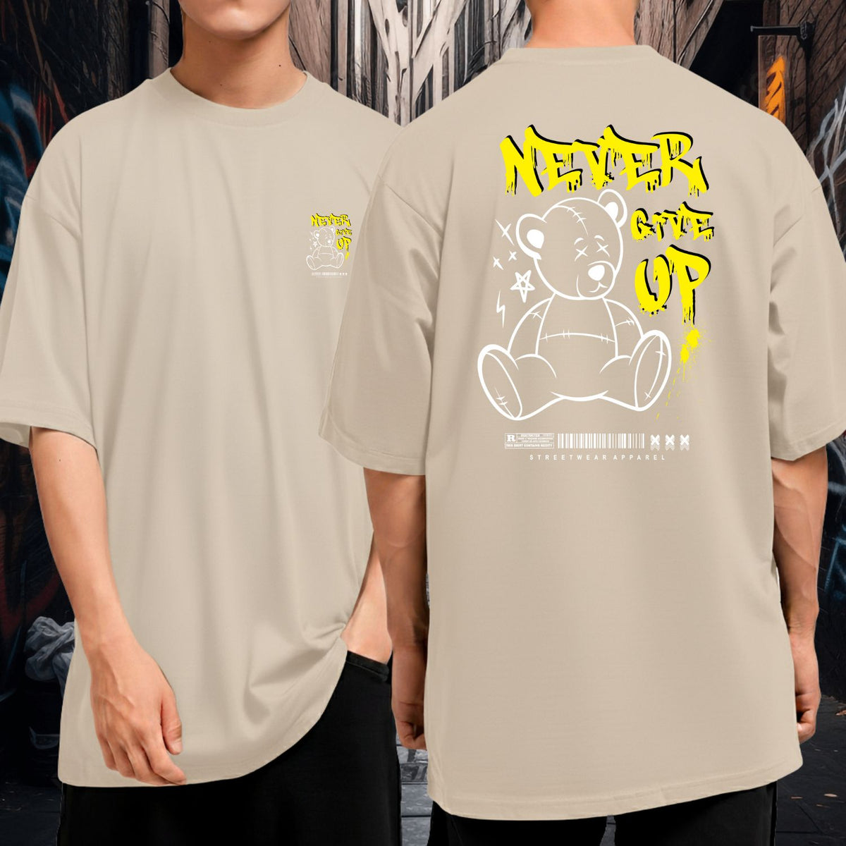 Camiseta Oversized Larga Streetwear Never Give Up Bear Moda Urbana