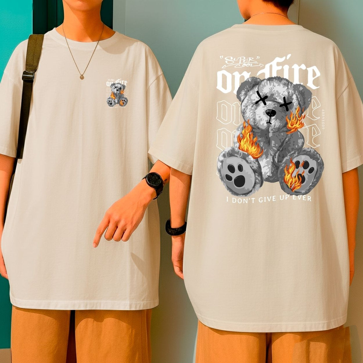 Camiseta Oversized Streetwear Urso em Fogo “I Don’t Give Up Ever” Malha Premium Algodão
