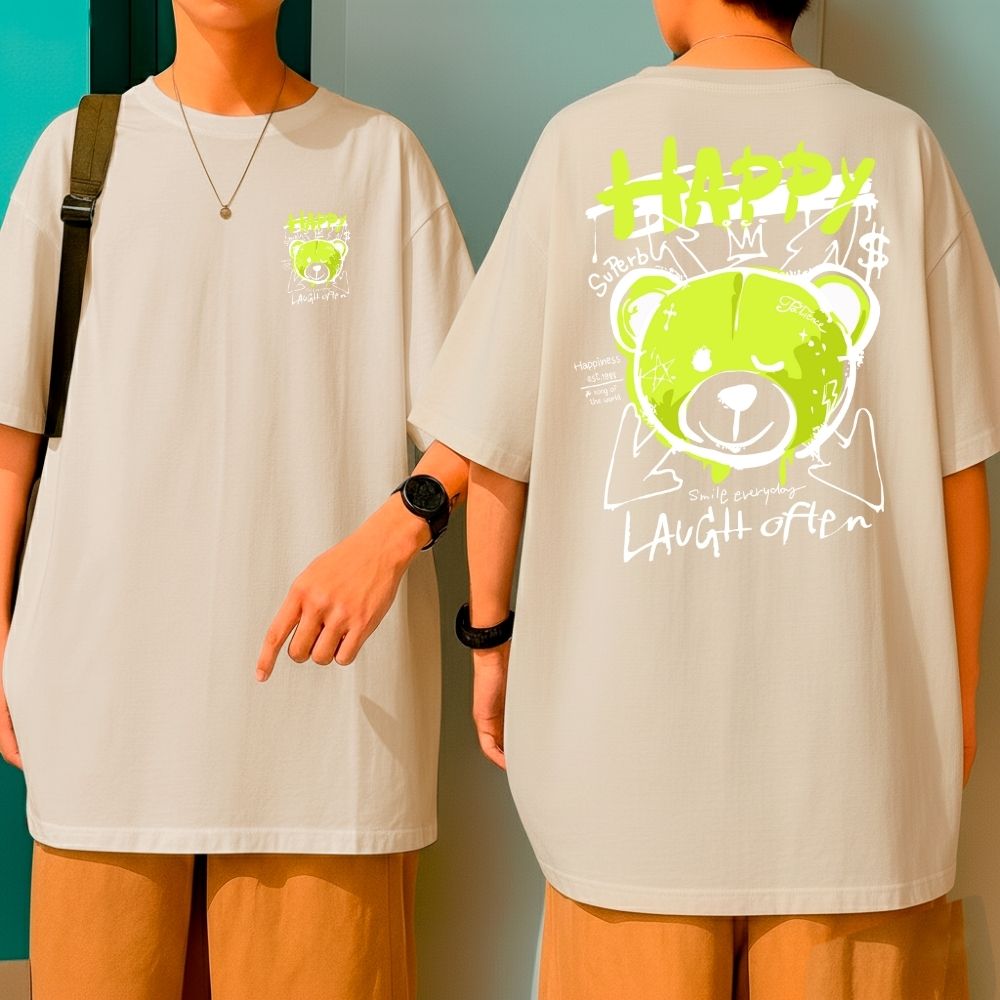 Camiseta Oversized 100% Algodão Estampa Ursinho Happy Laugh Often Blusão Malha Grossa