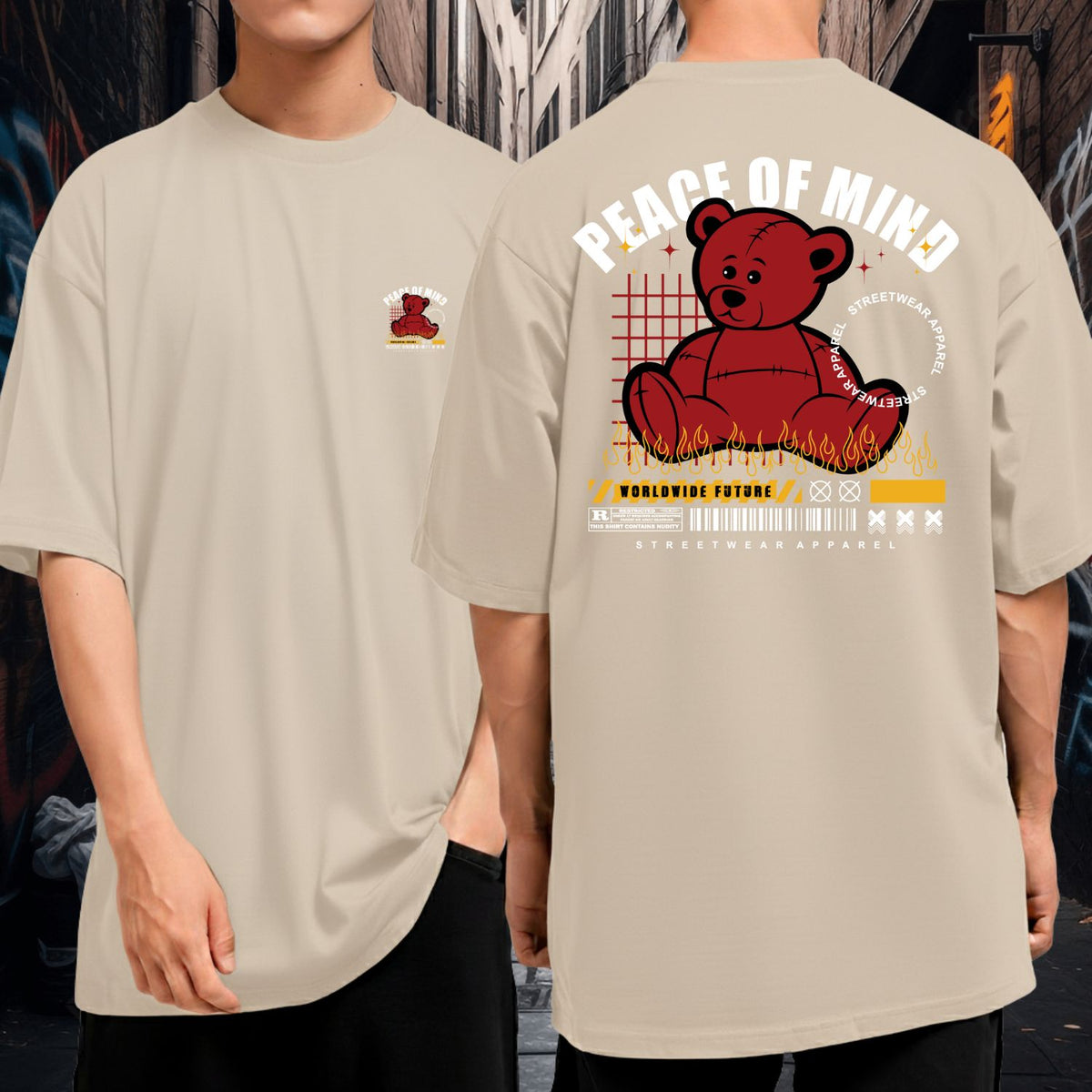 Camiseta Oversized Fio 30.1 Peace of Mind Bear Streetwear Unissex