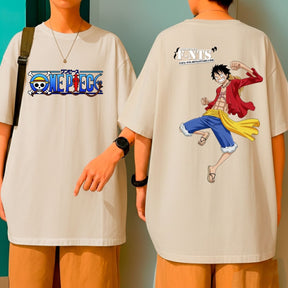 Camiseta Oversized Algodão One Piece Luffy Homem Borracha Anime Blusão Malha Grossa