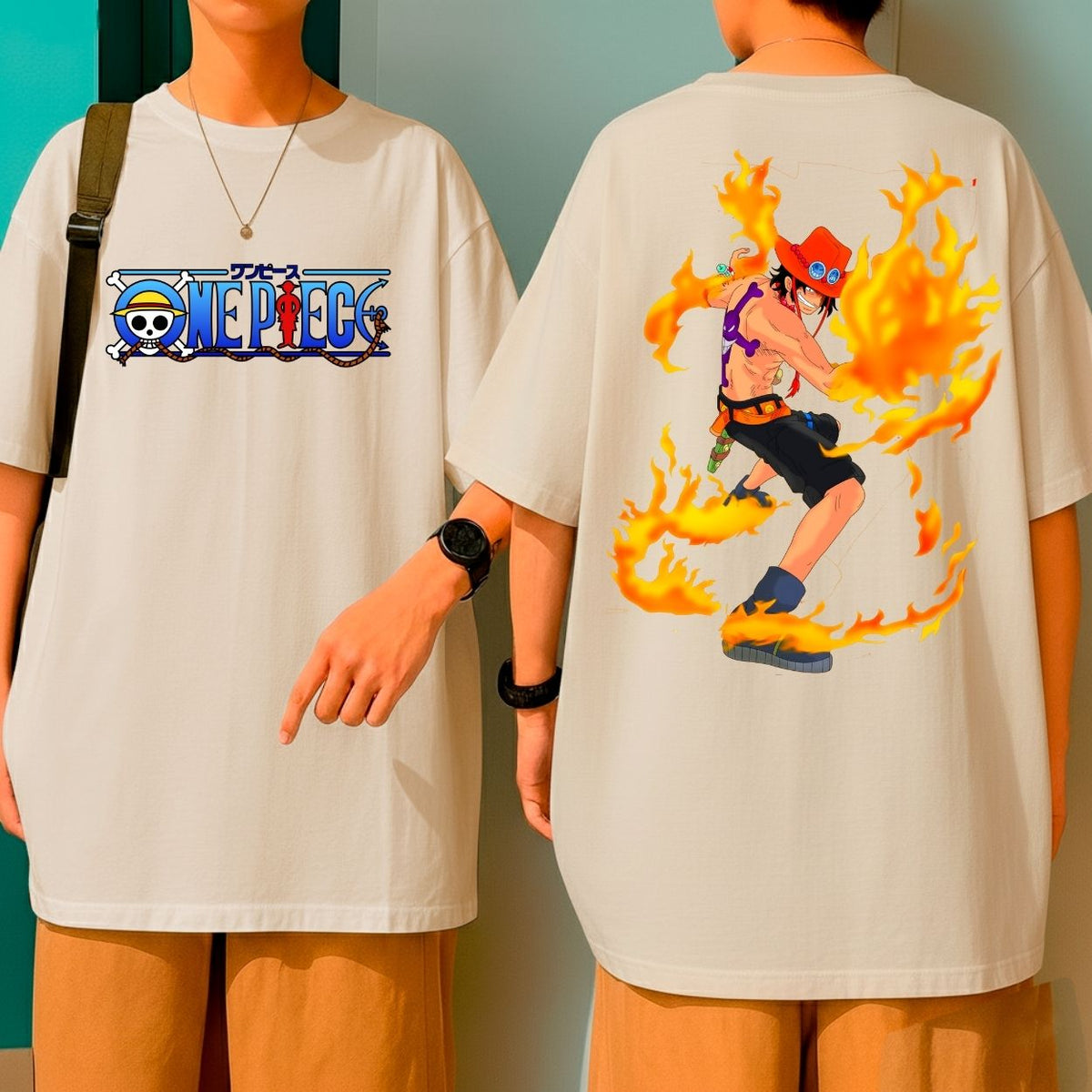 Camiseta Oversized Ace Punhos De Fogo Anime One Piece Blusão 100% Algodão Malha Grossa