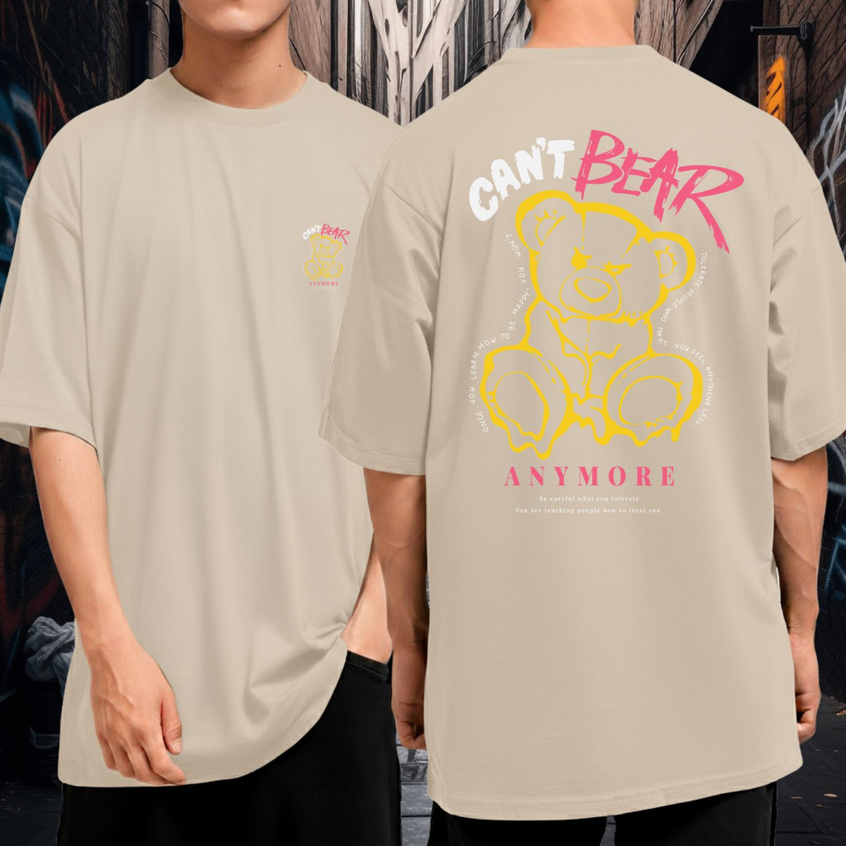 Camiseta Oversized Algodão Malha Grossa Streetwear Can’t Bear Anymore Urso Amarelo