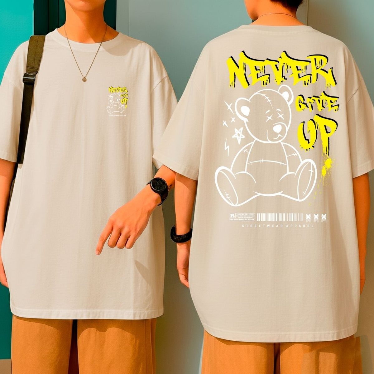 Camiseta Oversized Estampa Ursinho Never Give Up Blusão Malha Premium