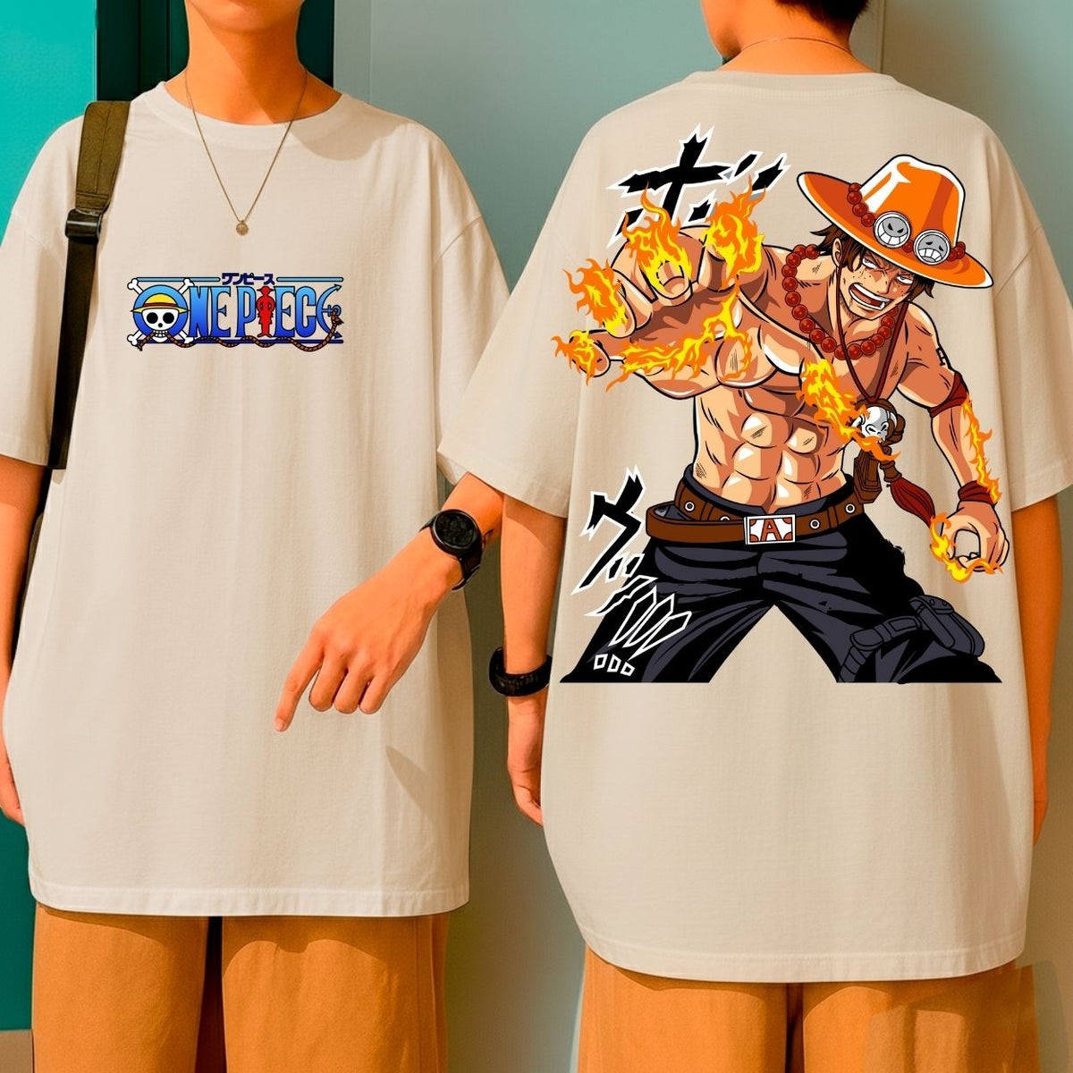 Camiseta Oversized 100% Algodão One Piece Ace Mãos De Fogo Anime Blusão Malha Grossa