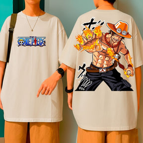 Camiseta Oversized 100% Algodão One Piece Ace Mãos De Fogo Anime Blusão Malha Grossa