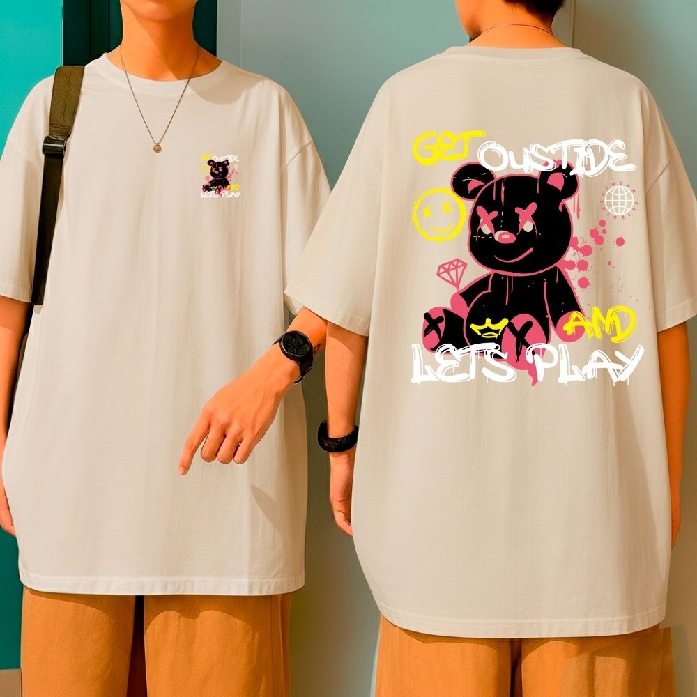 Camiseta Oversized Malha Grossa Premium Get Outside And Lets Play Bear