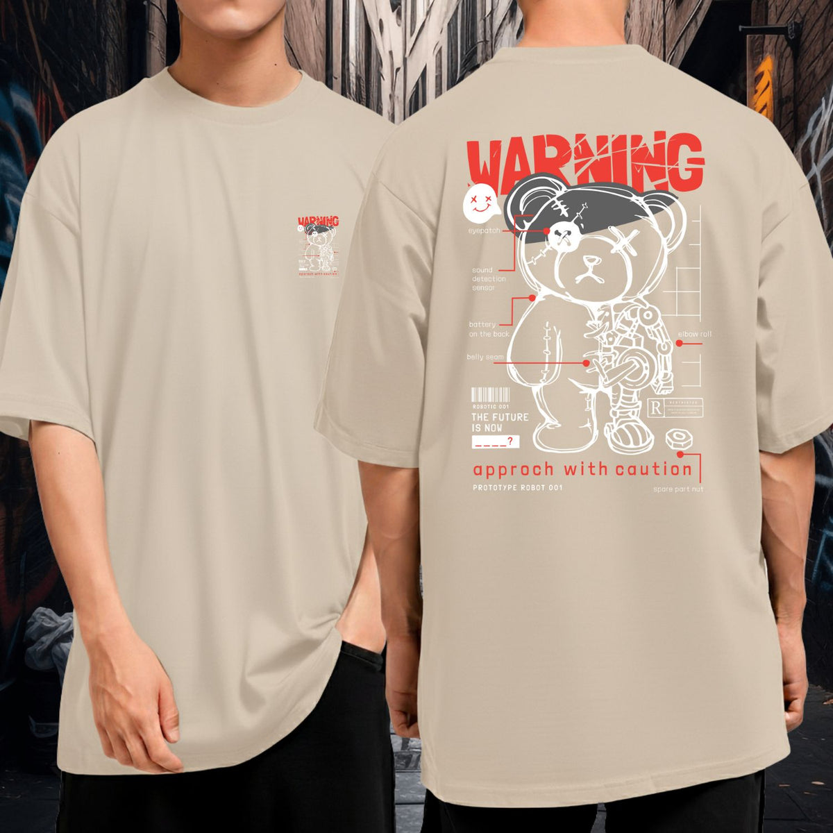 Camiseta Oversized Streetwear Warning Urso Robô Futurista Malha Premium