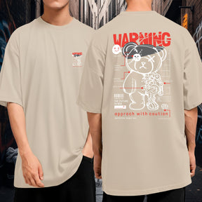 Camiseta Oversized Streetwear Warning Urso Robô Futurista Malha Premium