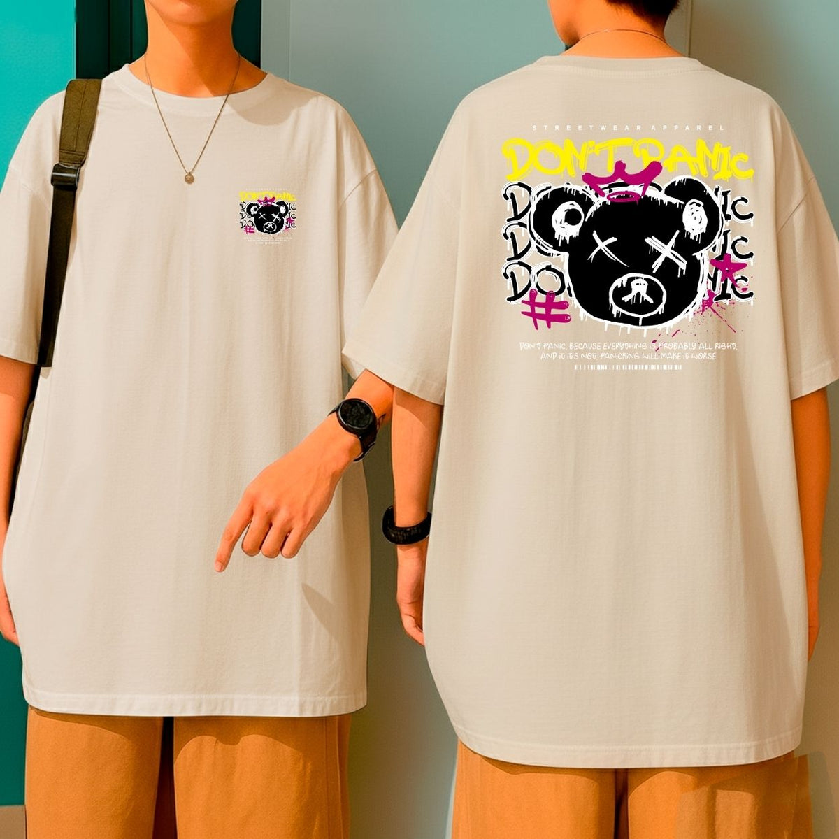 Camiseta Oversized Malha Premium Don't Panic Urso Grafite Streetwear