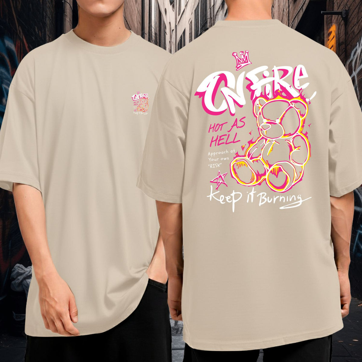 Camiseta Oversized Malha Grossa Fio 30.1 Malha Grossa Ursinho On Fire Keep It Burning Gola Redonda