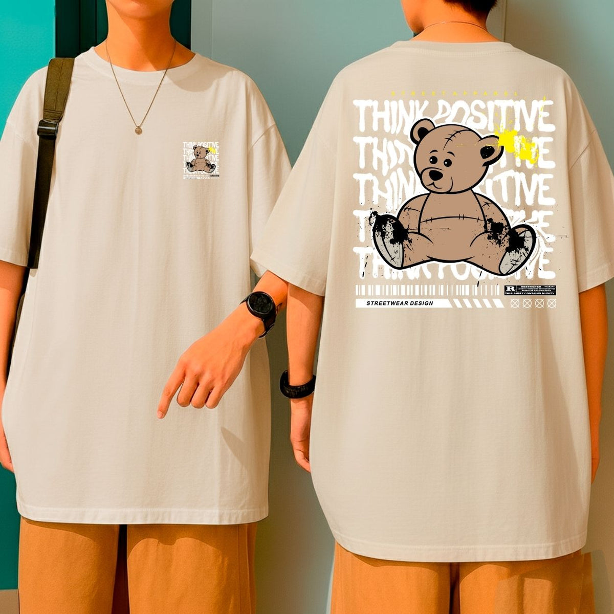 Camiseta Oversized Algodão Premium Streetwear Think Positive Bear Inspiração