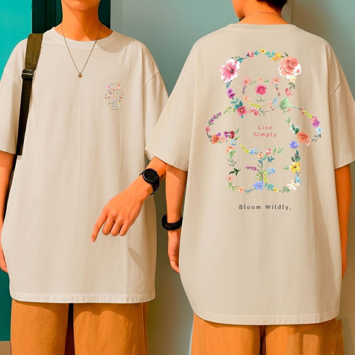 Camiseta Oversized Streetwear Live Simply Urso Floral Blusão Algodão Malha Grossa