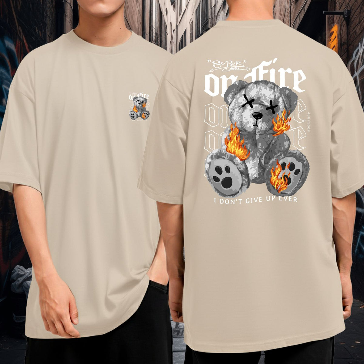 Camiseta Oversized Streetwear On Fire Urso em Chamas Blusão Malha Grossa Underground