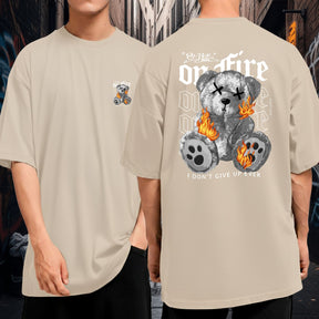 Camiseta Oversized Streetwear On Fire Urso em Chamas Blusão Malha Grossa Underground