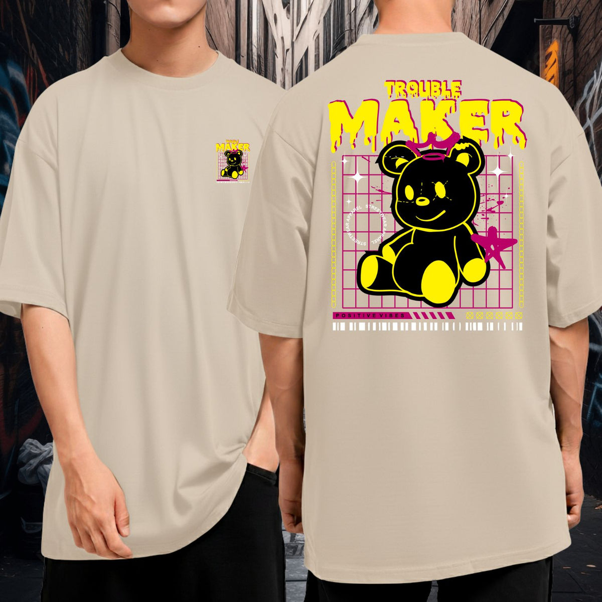 Camiseta Oversized 100% Algodão Fio 30.1 Estampa Ursinho Trouble Maker