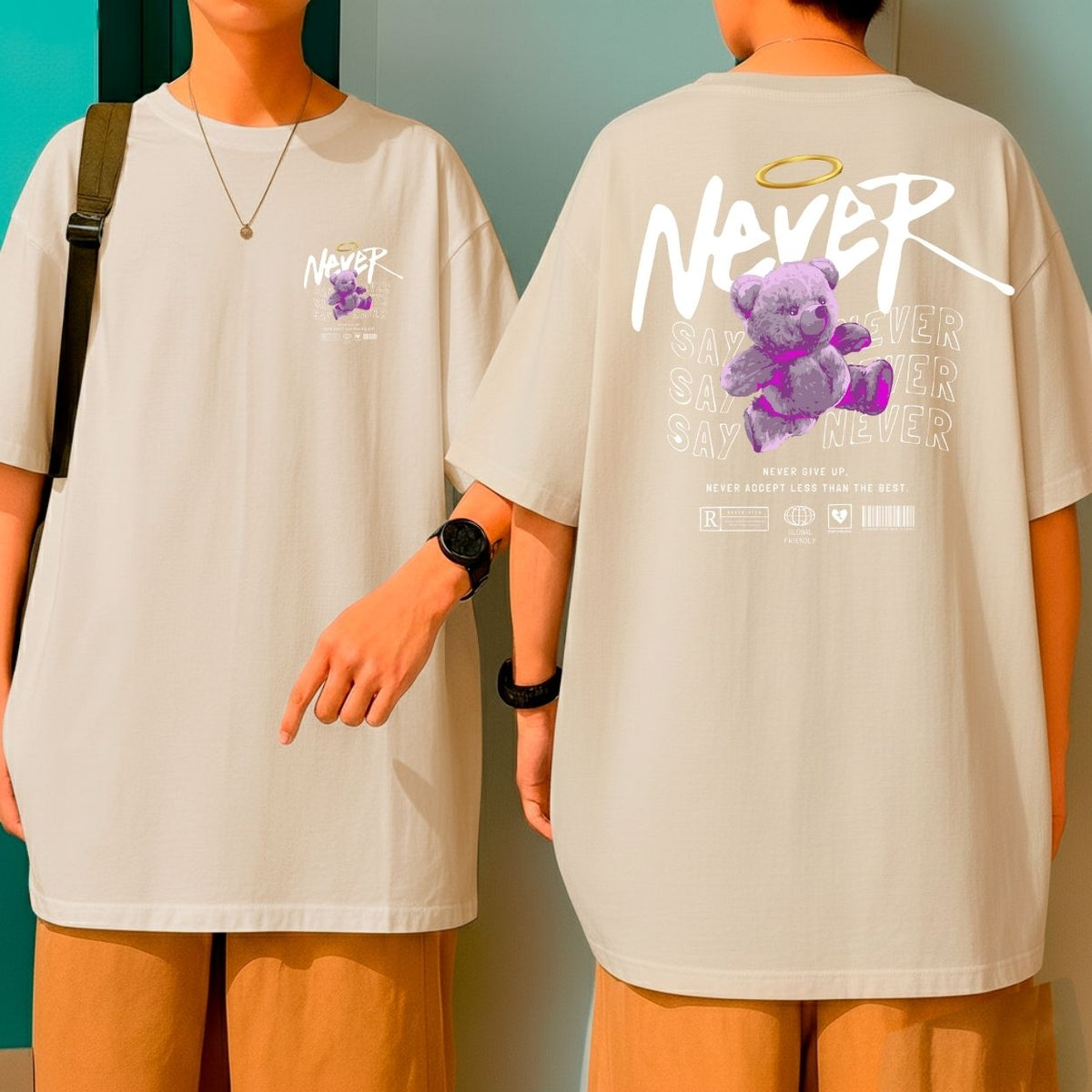 Camiseta Oversized Streetwear Blusão Malha Grossa Urso Roxo Never Say Never