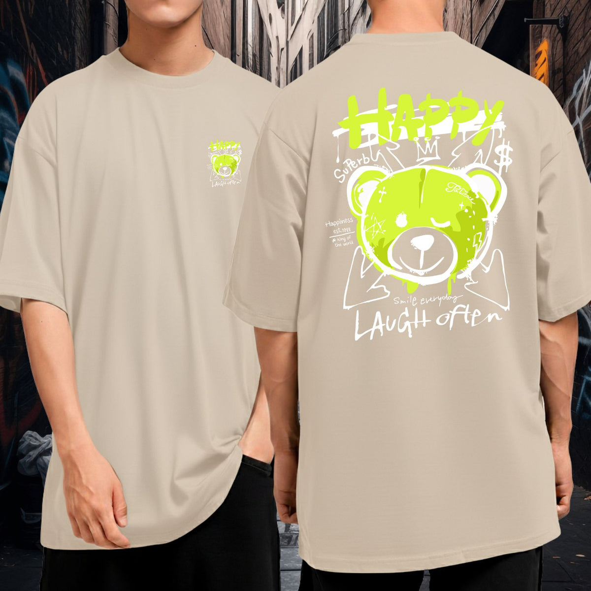 Camiseta Oversized Algodão Premium Grossa Blusão Largo Happy Laugh Often Bear