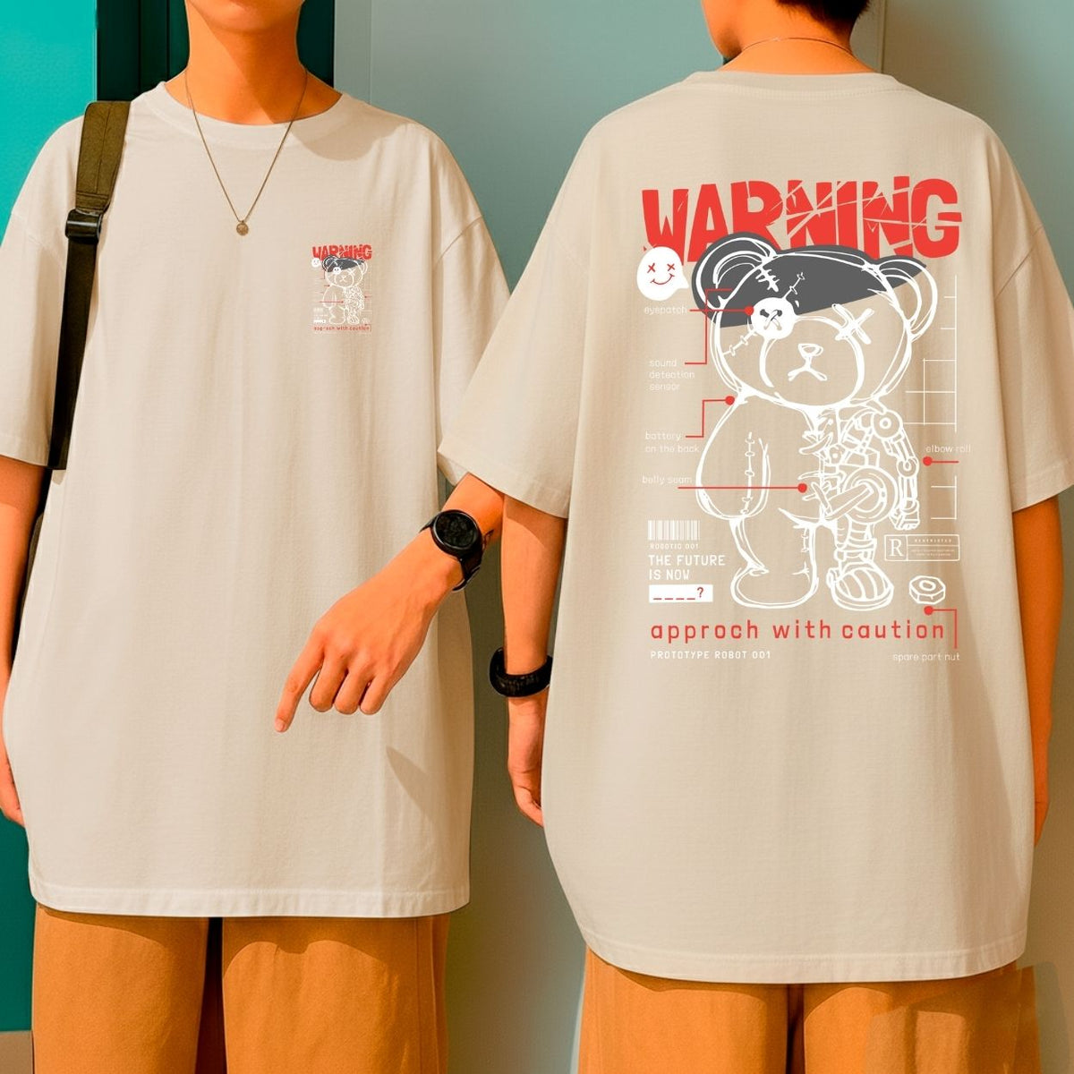 Camiseta Oversized 100% Algodão Malha Grossa Warning Robot Bear Moda Urbana