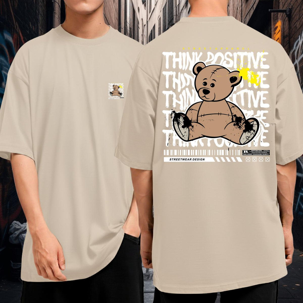 Camiseta Oversized Malha Grossa Larga Think Positive Bear Streetwear