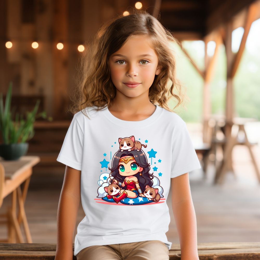 Camiseta Infanto Juvenil Personagens Mulher Maravilha Gatinhos