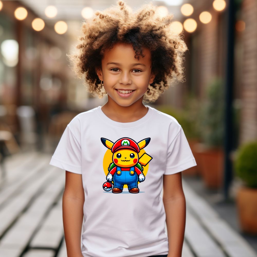 Camiseta Infanto Juvenil Personagens Pikachu Heróis Super Mario Desenhos