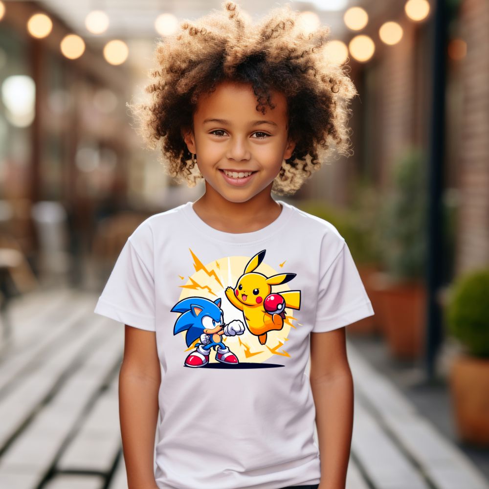 Camiseta Infanto Juvenil Personagens Pikachu Super Heróis vs Sonic