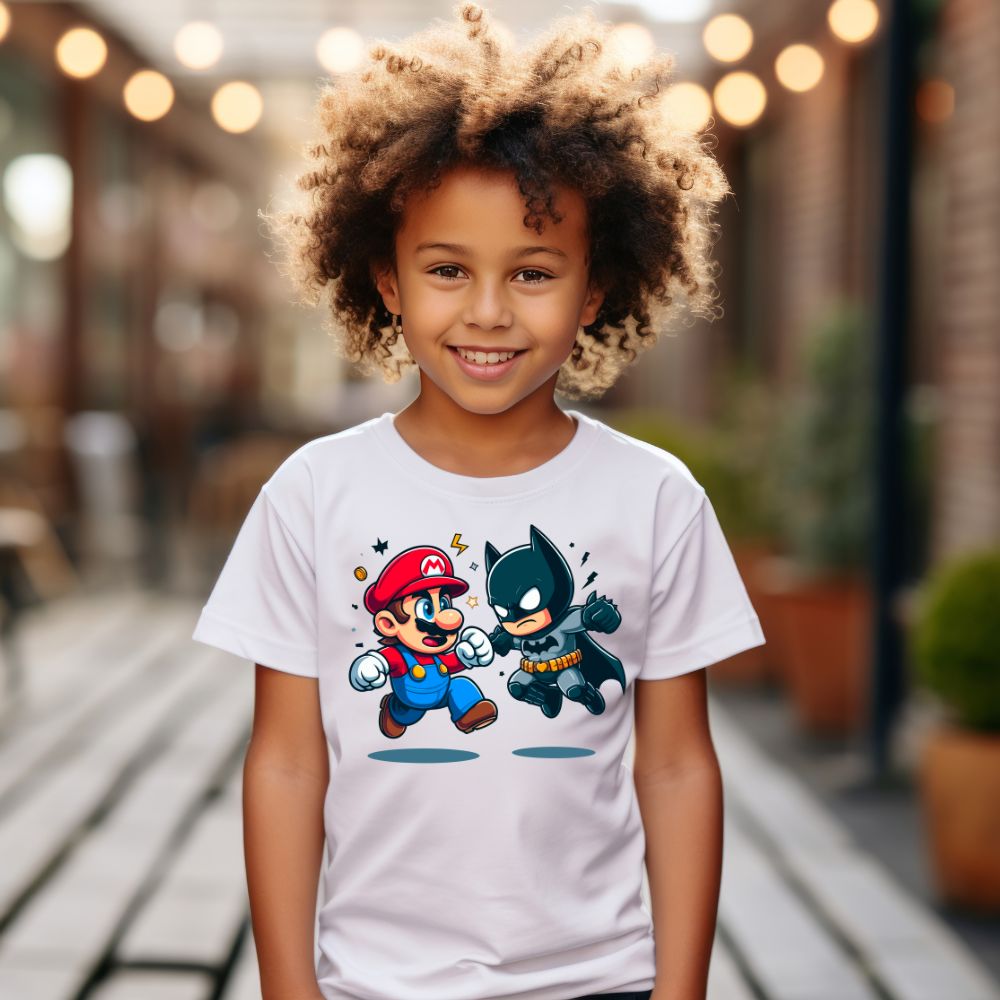 Camiseta Infanto Juvenil Personagens Super Mario vs Batman