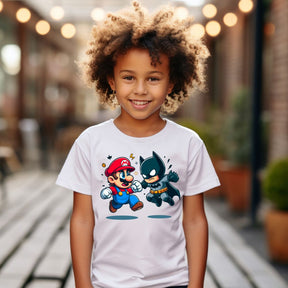 Camiseta Infanto Juvenil Personagens Super Mario vs Batman