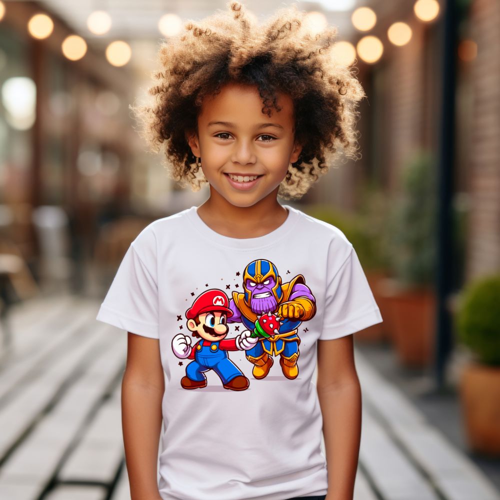 Camiseta Infanto Juvenil Personagens Super Mario vs Thanos