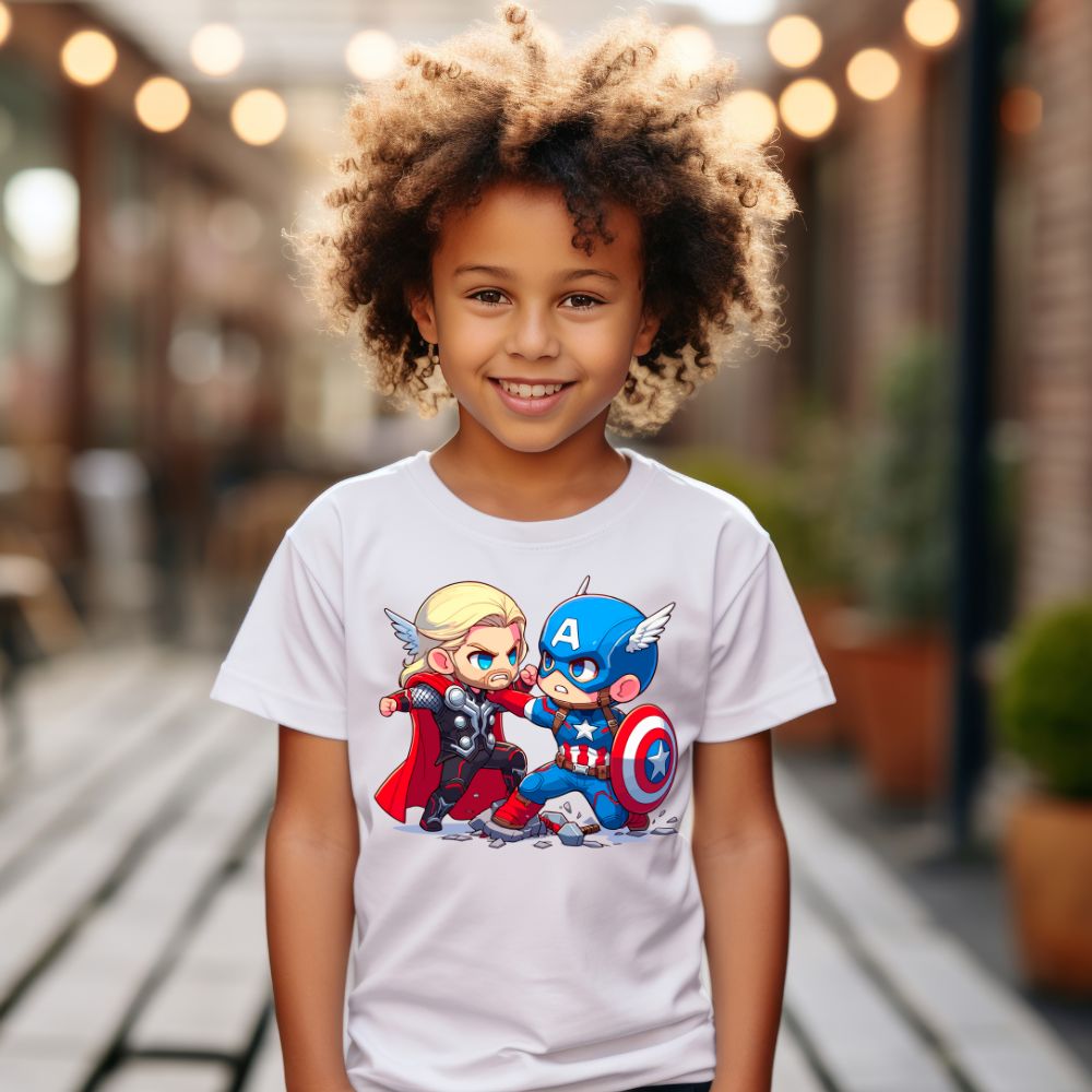 Camiseta Infanto Juvenil Personagens Super Heróis Thor vs Capitão América