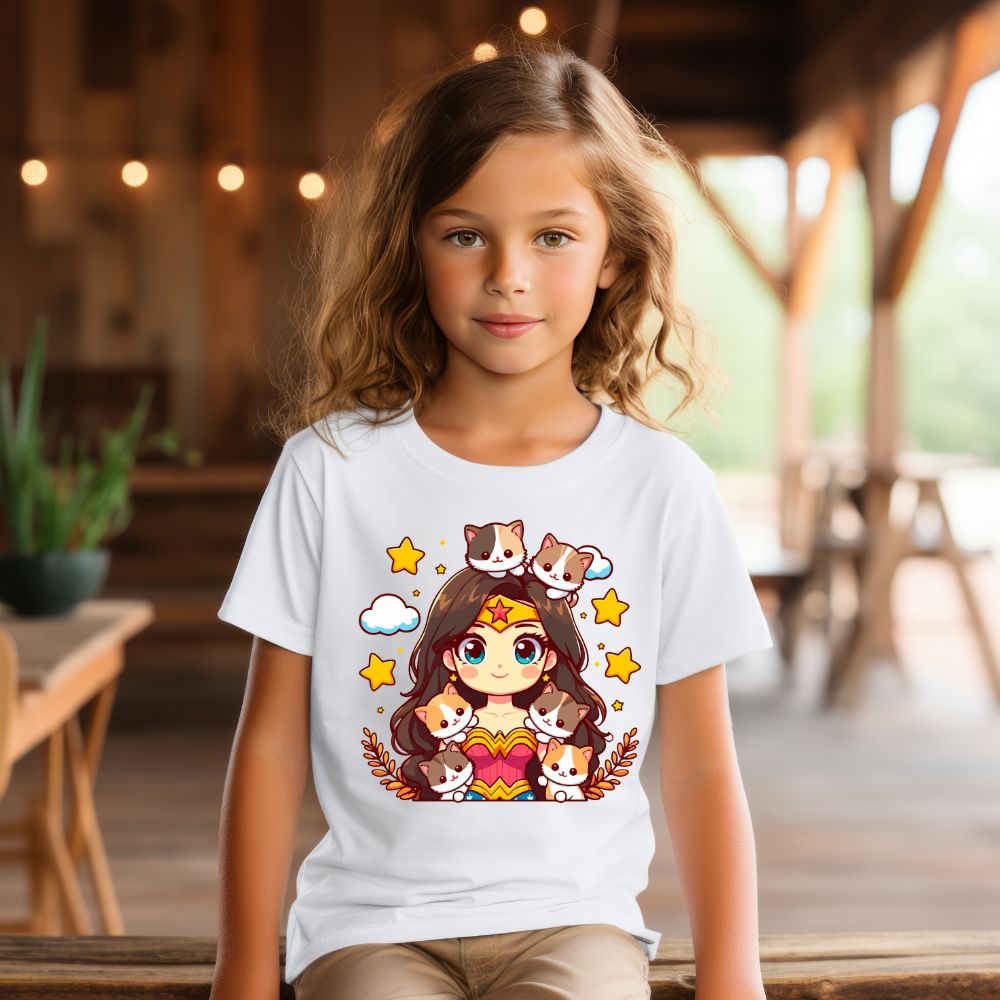 Camiseta Infanto Juvenil Personagens Mulher Maravilha Gatinhos- 01