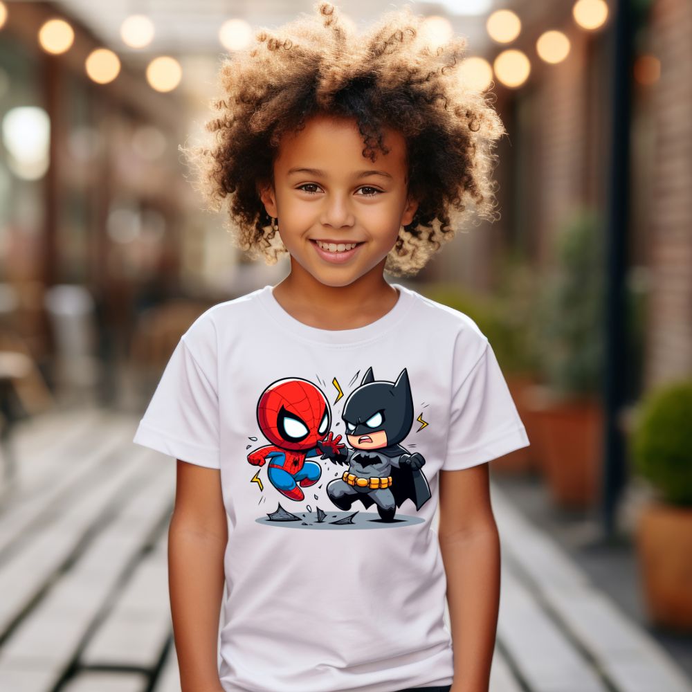 Camiseta Infanto Juvenil Personagens Super Heróis Batman vs Homem Aranha