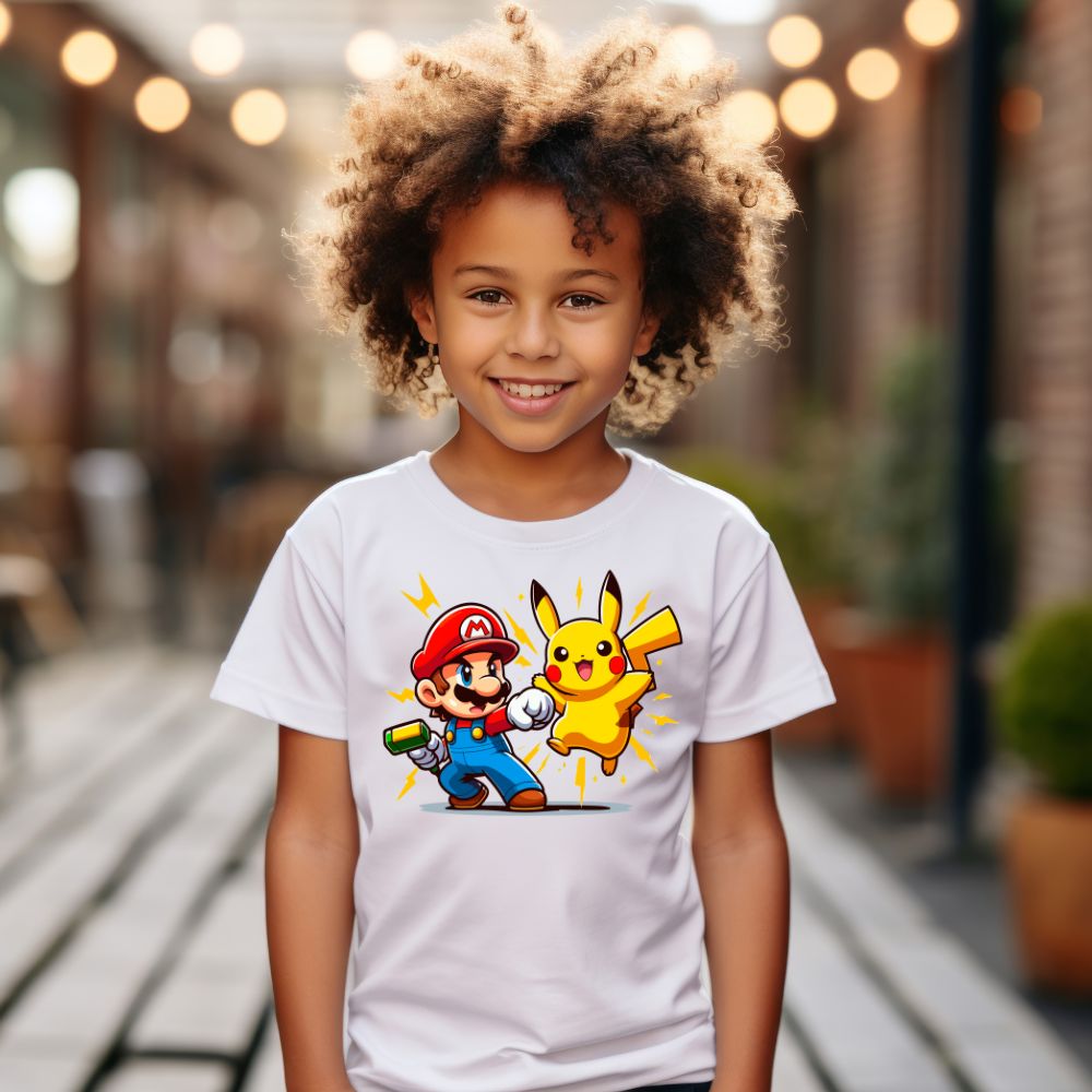 Camiseta Infanto Juvenil Personagens Pikachu Heróis vs Super Mario