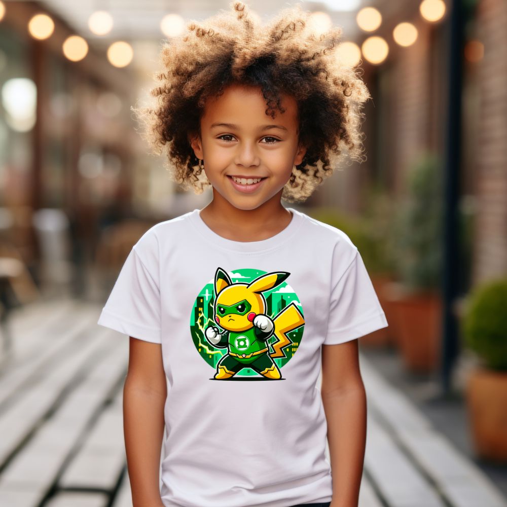 Camiseta Infanto Juvenil Personagens Pikachu Super Heróis Lanterna Verde