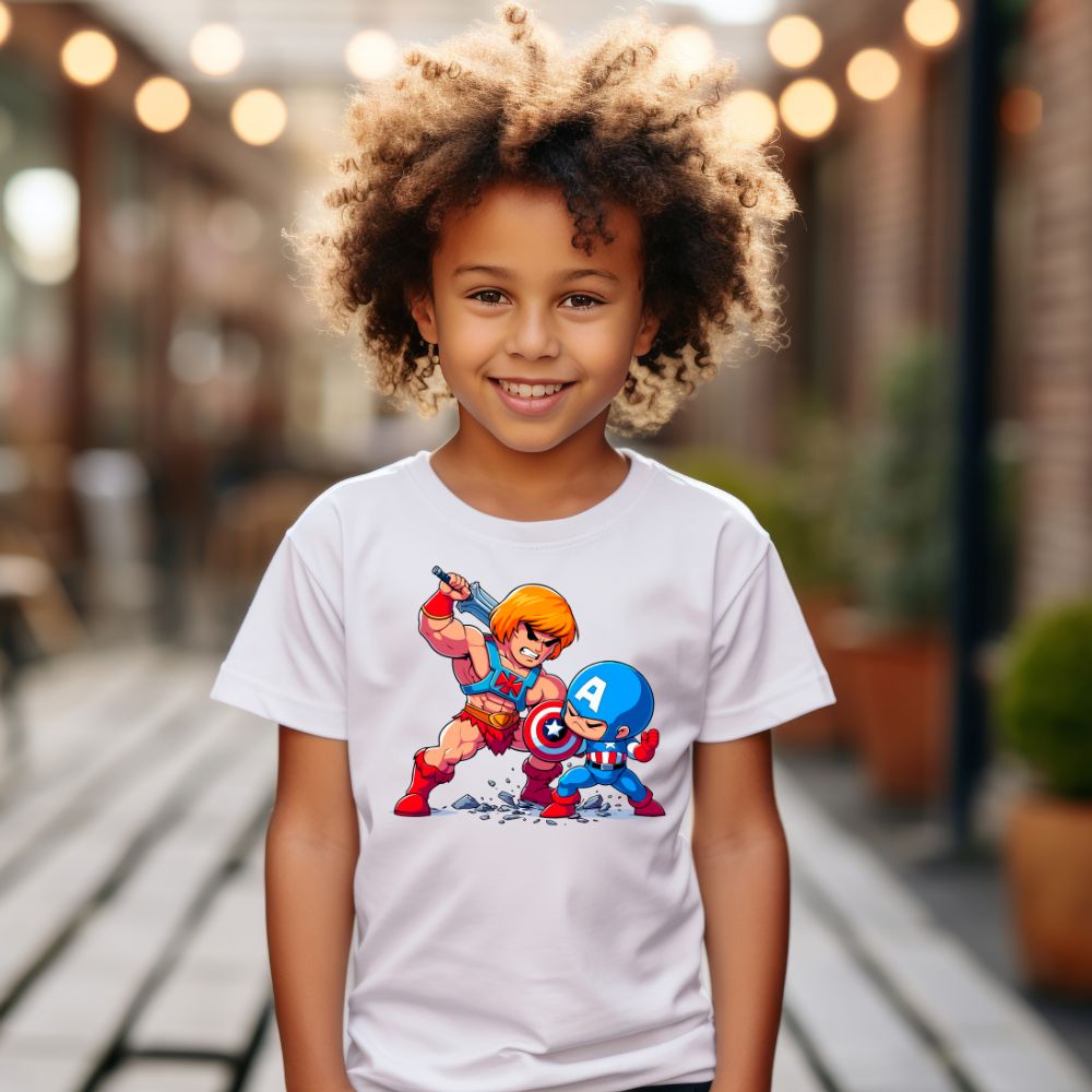 Camiseta Infanto Juvenil Personagens He-man vs Capitão América