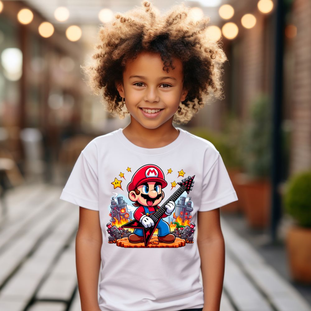 Camiseta Infanto Juvenil Personagens Super Mario Bros Guitarra