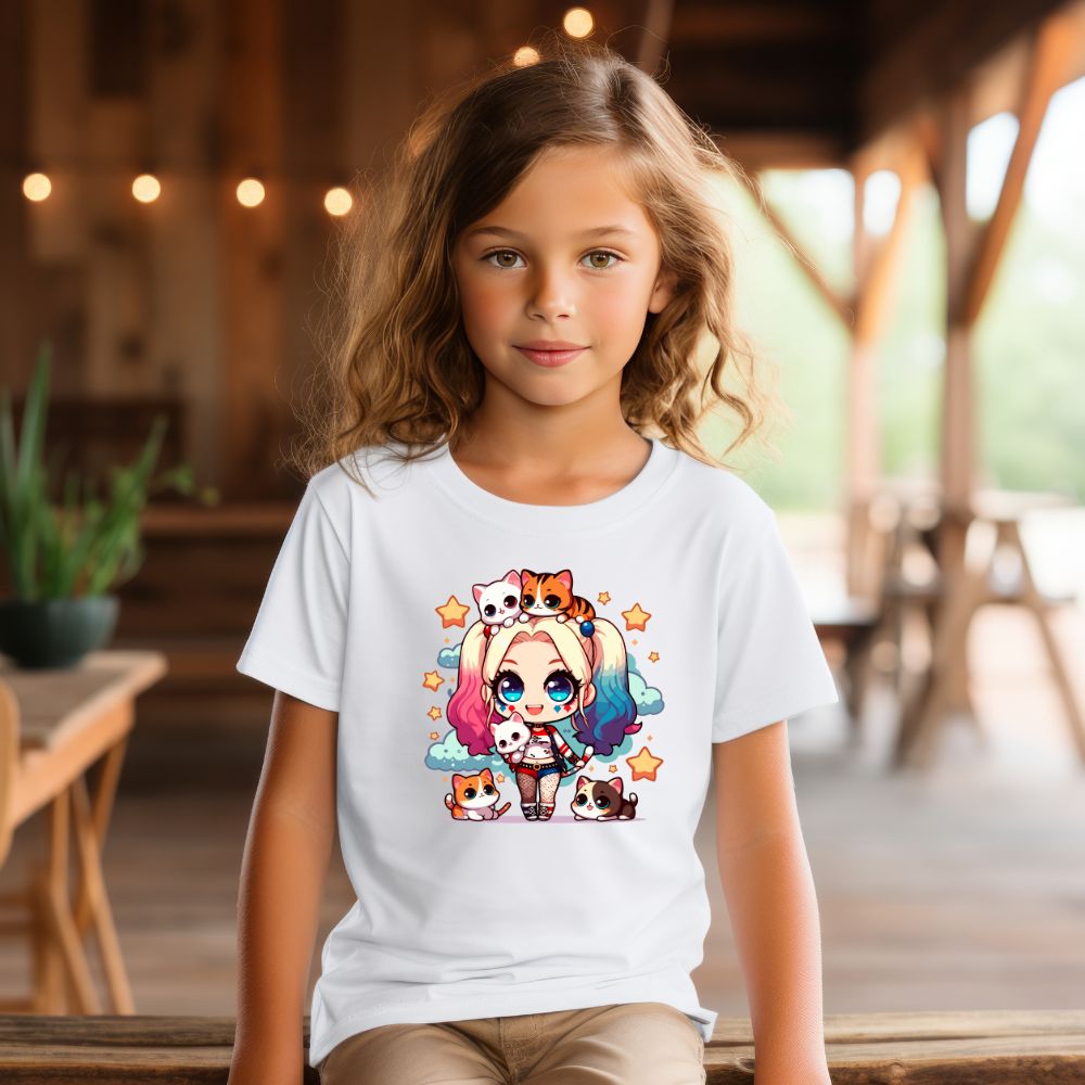 Camiseta Infanto Juvenil Personagens Arlequina Gatinhos